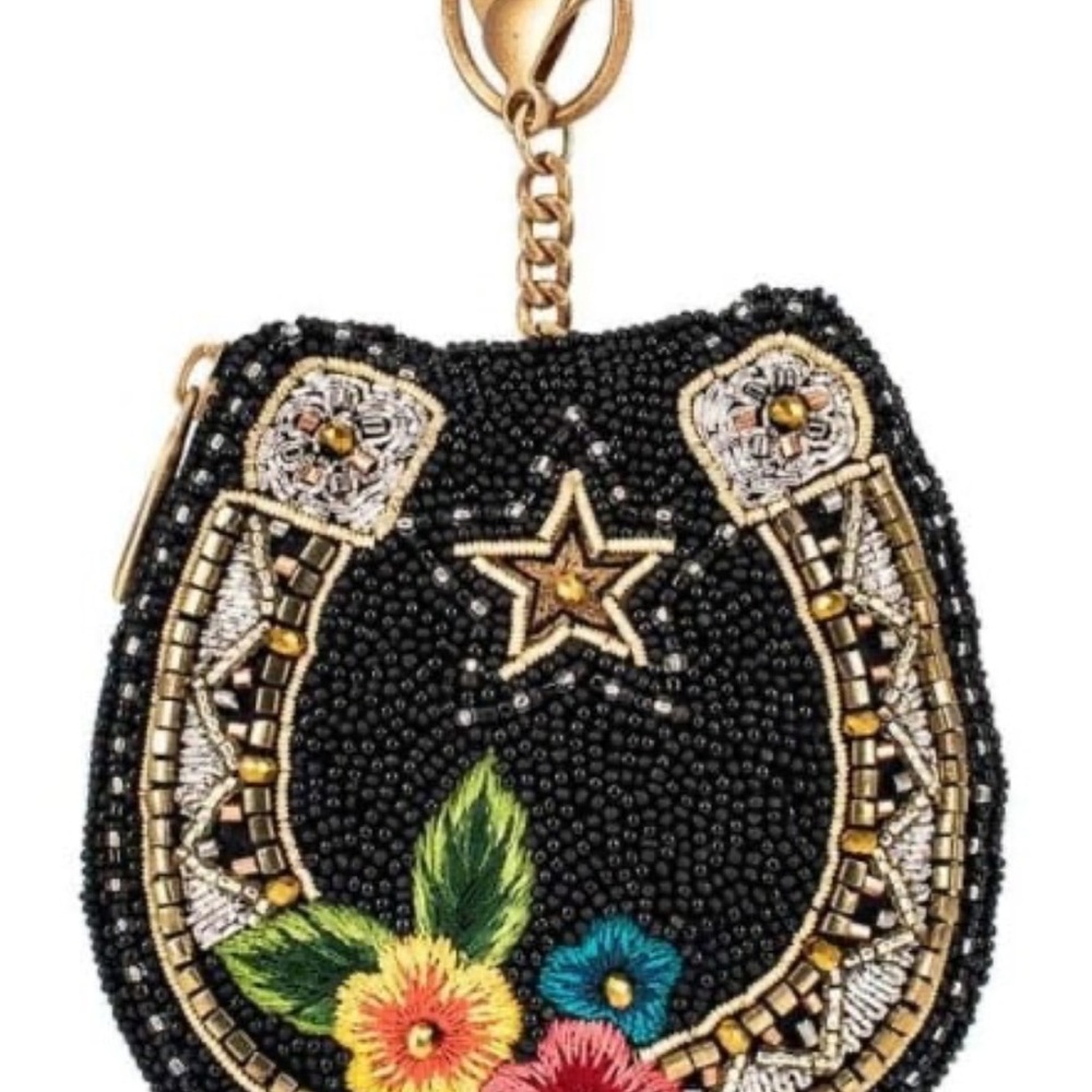 Mary Frances Beaded Horseshoe Floral Keychain Coin Pouch NWT